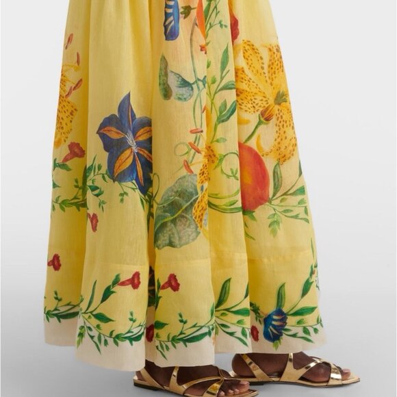 Women Halter Midi Dress Size L Deep Neckline Sleeveles Floral Yellow Lemon Linen - Picture 12 of 16